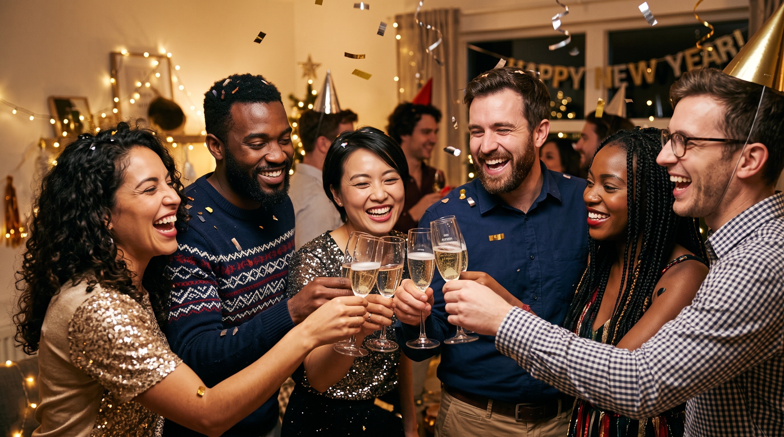 Diverse friends celebrating new year together with champagne confetti and warm festive lighting